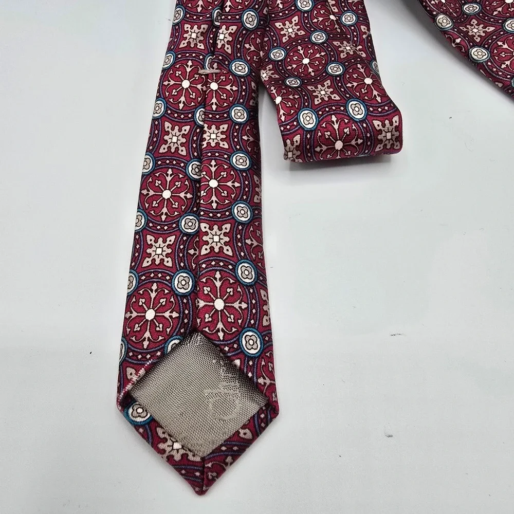 Christian Dior Silk Jacquard Geometric Pattern Tie Men's Burgundy Blue 55 Inch‎
